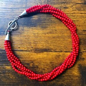 Vintage Southwestern andSterling Silver Natural Coral Beaded 17” Choker Necklace
